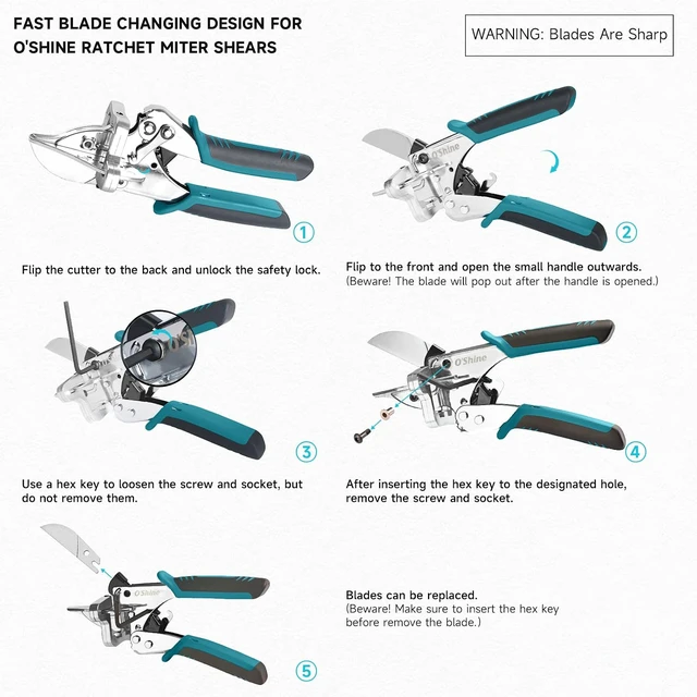 Alt view image 2 of 5 - OShine Ratchet Miter Shears Expert for Angular Cutting Molding Crafting Wood, Quarter Round Cutting Tool, 45-135 Degree Multi Angle PVC Miter Shear Trim Cutter Hand Tool, w/Extra Four Anvils & Blade