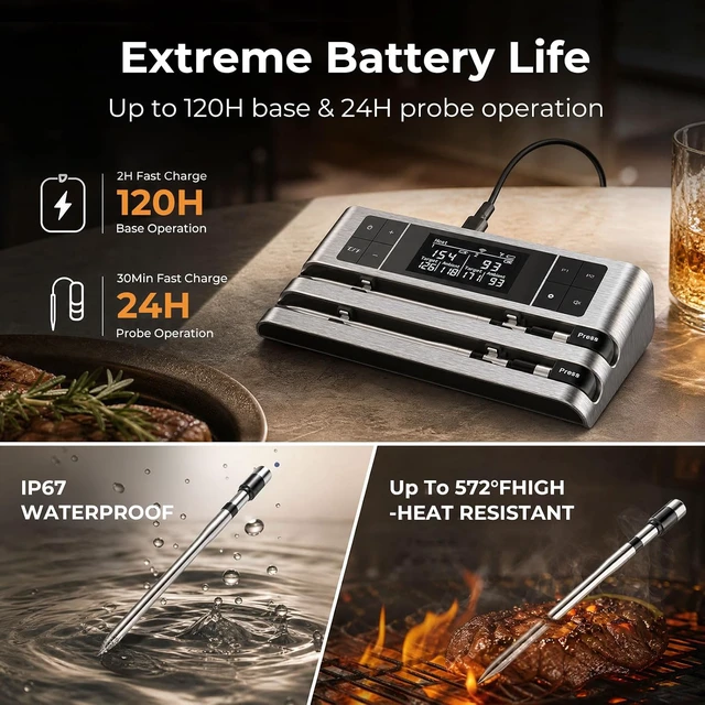 Alt view image 7 of 7 - Dual Probe Wireless Meat Thermometer with 500FT App Monitoring