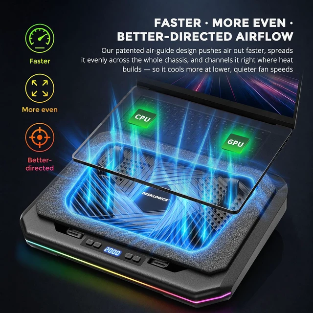 Alt view image 2 of 7 - Laptop Cooling Pad, Quiet Turbo Fan Laptop Cooler for 12-19 Inch Gaming Laptop and MacBook, Height Adjustable Laptop Cooling Stand with RGB Light, Sealed Airflow Cooler Pad, USB Powered
