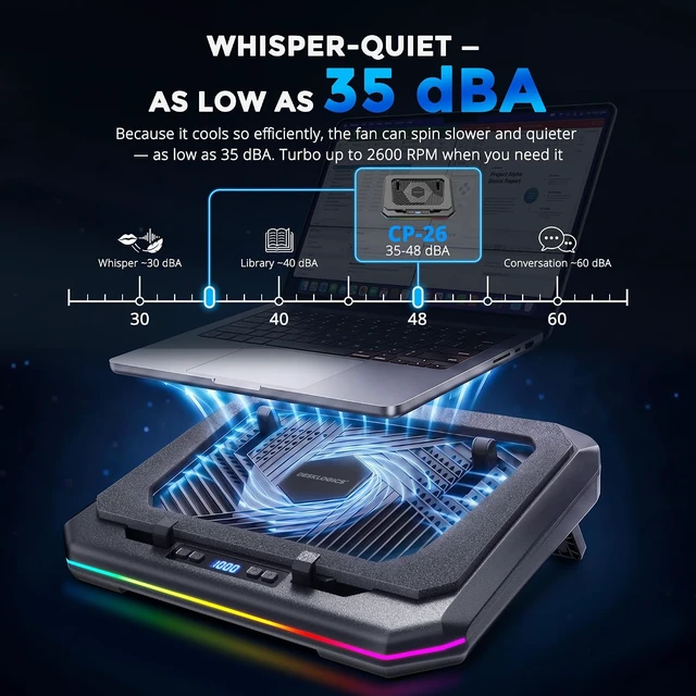 Alt view image 4 of 7 - Laptop Cooling Pad, Quiet Turbo Fan Laptop Cooler for 12-19 Inch Gaming Laptop and MacBook, Height Adjustable Laptop Cooling Stand with RGB Light, Sealed Airflow Cooler Pad, USB Powered