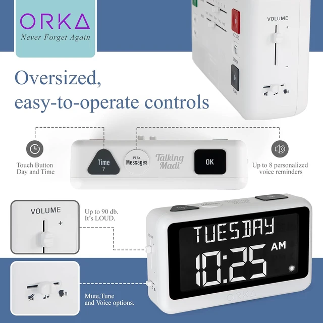 Alt view image 6 of 7 - Talking Clock. Voice Recordable Ex Large Medication Pill Reminder. Talking Alarm Clock for Dementia, Hearing, Visually impaired Seniors-Digital Day Clock with Multiple Customized Alarms White