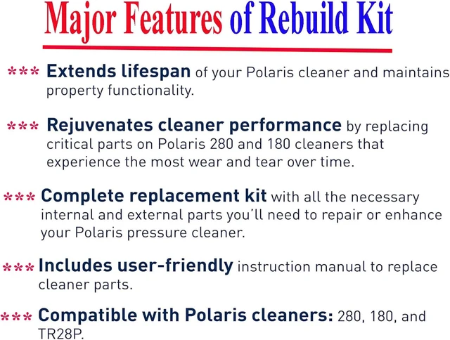 Alt view image 4 of 7 - Pool Cleaner Tune Up Rebuild Kit A49 Compatible with Polaris 280, TR28P Pool Cleaner with Wheel, Tire, Drive Shaft, Turbine Bearing, All Purpoe Bag, Sweep Hose, Wheel Bearing, Tailsweep Pro
