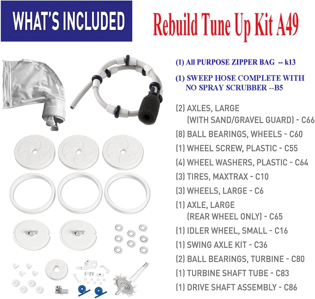 Alt view image 3 of 7 - Pool Cleaner Tune Up Rebuild Kit A49 Compatible with Polaris 280, TR28P Pool Cleaner with Wheel, Tire, Drive Shaft, Turbine Bearing, All Purpoe Bag, Sweep Hose, Wheel Bearing, Tailsweep Pro
