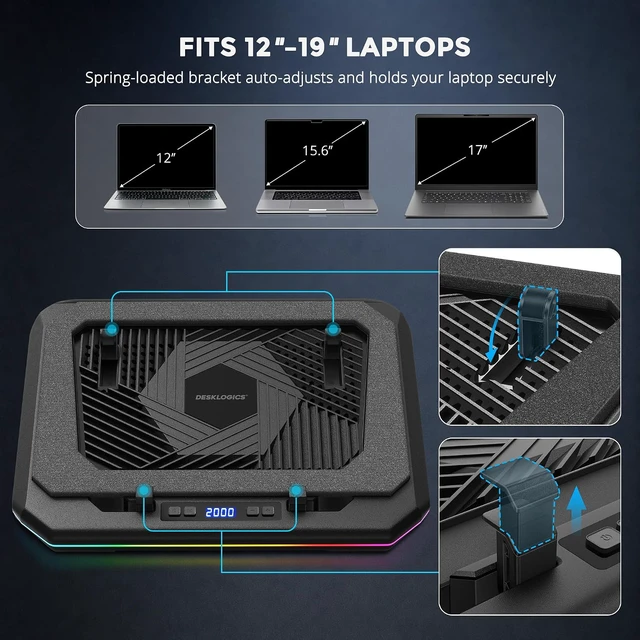 Alt view image 7 of 7 - Laptop Cooling Pad, Quiet Turbo Fan Laptop Cooler for 12-19 Inch Gaming Laptop and MacBook, Height Adjustable Laptop Cooling Stand with RGB Light, Sealed Airflow Cooler Pad, USB Powered