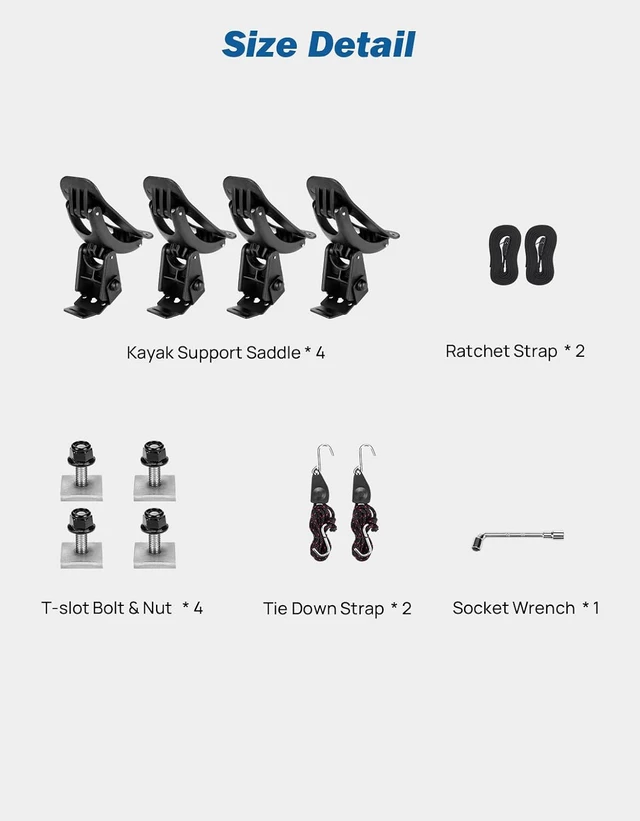 Alt view image 5 of 6 - T-Slot Kayak Roof Rack Saddles, Only Fits for Auto Cross Bars with T-Track to Carrier Kayak Paddle Board Surfboard with Tie Down Straps Ratchet Strap,150LBS Load Capacity 2 Pairs