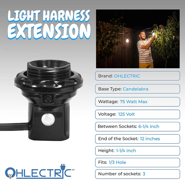 Alt view image 2 of 5 - Light Extension Harness Set - with Candelabra Base Light Sockets - UL Listed and CSA Approved for Safety - Temperature Resistant Cords- Light Harness Set (3 Light Harness) - OL-39278