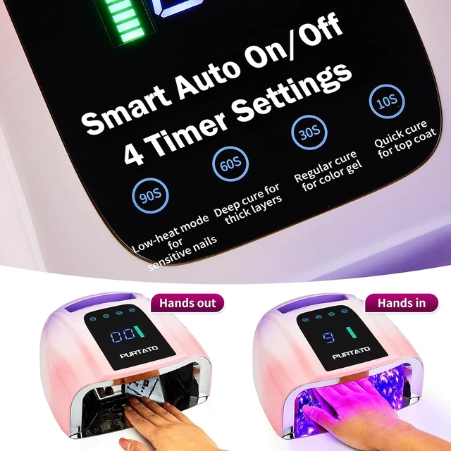 Alt view image 3 of 7 - Professional Rechargeable 96W UV LED Portable Cordless UV Light for Nail Lamp Machine with Removable Stainless Steel Bottom,4 Timer Setting and Smart Sensor Nail Dryer (Purple&Pink)