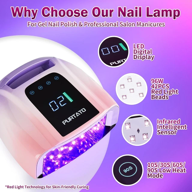 Alt view image 4 of 7 - Professional Rechargeable 96W UV LED Portable Cordless UV Light for Nail Lamp Machine with Removable Stainless Steel Bottom,4 Timer Setting and Smart Sensor Nail Dryer (Purple&Pink)