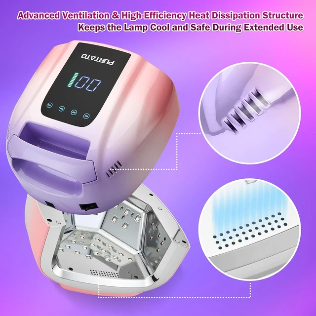 Alt view image 7 of 7 - Professional Rechargeable 96W UV LED Portable Cordless UV Light for Nail Lamp Machine with Removable Stainless Steel Bottom,4 Timer Setting and Smart Sensor Nail Dryer (Purple&Pink)