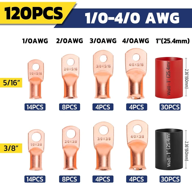 Alt view image 2 of 7 - 120PCS Copper Wire Lug & Heat Shrink Kit AWG 0/00/000/0000