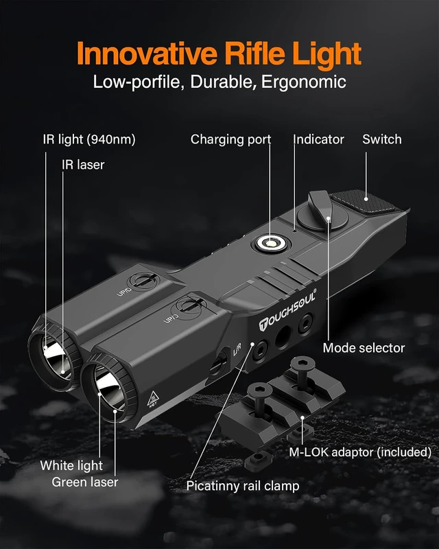Alt view image 5 of 7 - Low Profile Mlok/Picatinny Mounted Tactical Flashlight Laser 4 in 1 Combo