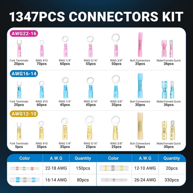 Alt view image 2 of 7 - 1347PCS Heat Shrink Wire Connectors Kit, Electrical Terminals & Solder Seal Connectors, Insulated Marine Grade Waterproof Ring Fork Spade Butt Splice Set for Boat Automotive DIY