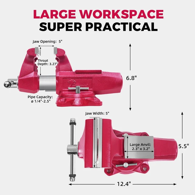 Alt view image 3 of 7 - 1750B 5 Inch Bench Vise Heavy Duty with Anvil and 360° Swivel Base