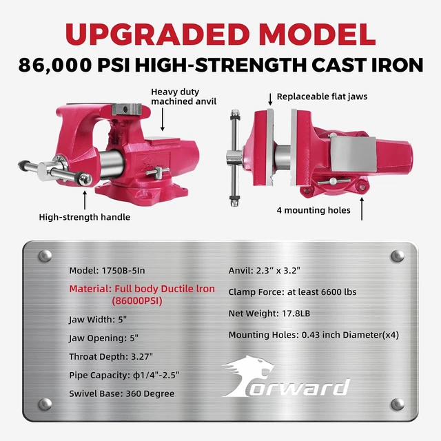 Alt view image 6 of 7 - 1750B 5 Inch Bench Vise Heavy Duty with Anvil and 360° Swivel Base