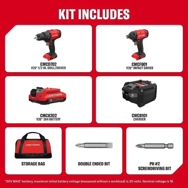 Alt view image 2 of 7 - V20 Cordless Drill Set and Impact Driver, Includes 2Ah Battery and Charger, Power Tool Set with 1700 RPM 1/2 In. Power Drill, 1800 Torque 1/4 In. Impact Screwdriver, LED (CMCK201D1)