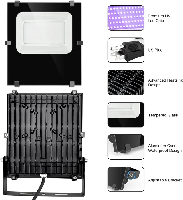 Alt view image 5 of 7 - 300W Black Lights Outdoor, Commercial High Power LED Black Light Flood Lights with UL Listed Plug IP66 Waterproof Blacklight FloodLight 395nm for Glow Party Large Space, Halloween (2 Pack)