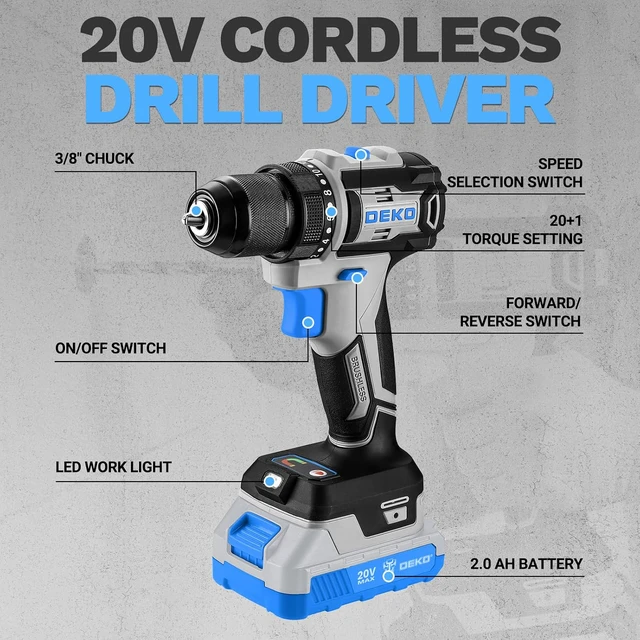 Alt view image 3 of 7 - Cordless Drill & Impact Driver: 20V Brushless Power Drill and 20V Brushless Impact Driver Set, Power Tool Set with 2 x 2.0Ah Batteries, Charger, Bag& 52 x Accessories-Blue