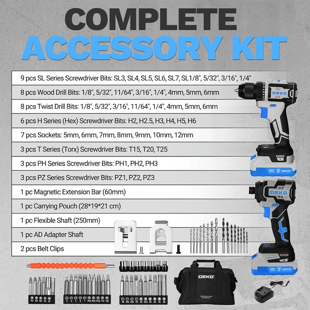 Alt view image 7 of 7 - Cordless Drill & Impact Driver: 20V Brushless Power Drill and 20V Brushless Impact Driver Set, Power Tool Set with 2 x 2.0Ah Batteries, Charger, Bag& 52 x Accessories-Blue
