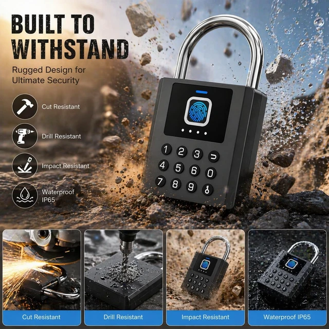 Alt view image 2 of 7 - Smart Fingerprint Padlock with Code,Heavy Duty Combination Lock with Key,Bluetooth APP Control Gym Locker Lock Weatherproof Padlock for Shed Gate Fence Truck School Locker