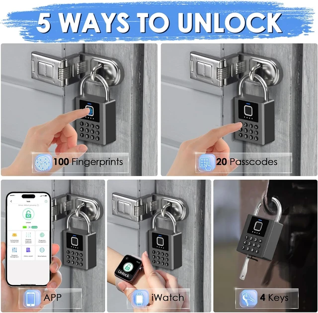 Alt view image 3 of 7 - Smart Fingerprint Padlock with Code,Heavy Duty Combination Lock with Key,Bluetooth APP Control Gym Locker Lock Weatherproof Padlock for Shed Gate Fence Truck School Locker