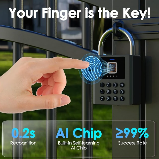 Alt view image 4 of 7 - Smart Fingerprint Padlock with Code,Heavy Duty Combination Lock with Key,Bluetooth APP Control Gym Locker Lock Weatherproof Padlock for Shed Gate Fence Truck School Locker