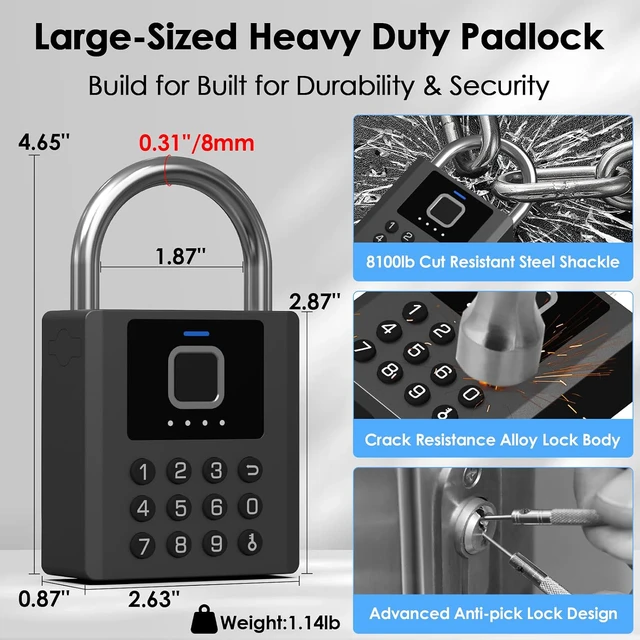 Alt view image 5 of 7 - Smart Fingerprint Padlock with Code,Heavy Duty Combination Lock with Key,Bluetooth APP Control Gym Locker Lock Weatherproof Padlock for Shed Gate Fence Truck School Locker