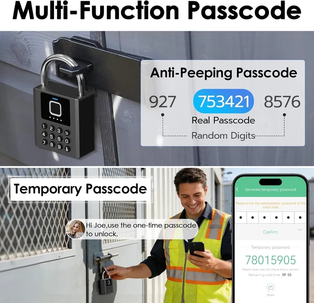 Alt view image 6 of 7 - Smart Fingerprint Padlock with Code,Heavy Duty Combination Lock with Key,Bluetooth APP Control Gym Locker Lock Weatherproof Padlock for Shed Gate Fence Truck School Locker