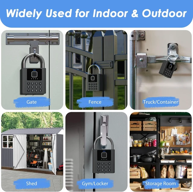 Alt view image 7 of 7 - Smart Fingerprint Padlock with Code,Heavy Duty Combination Lock with Key,Bluetooth APP Control Gym Locker Lock Weatherproof Padlock for Shed Gate Fence Truck School Locker