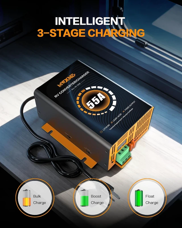 Alt view image 3 of 7 - 55 Amp RV Power Converter, 120V AC to 12V DC Battery Charger with Multi Smart Charging Modes,13V16.5V Adjustable Output, RV Converter Compatible with Lithium and Lead Acid Battery