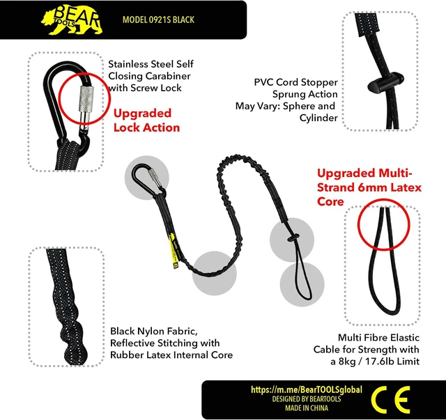Alt view image 2 of 7 - Tool Lanyard with Single Carabiner and Adjustable Loop End, Standard Length, Maximum Weight Limit 8KG / 17.6lb, Aluminum Screw Lock Carabiner with Shock Cord Stopper, 0929S (10 Pack)