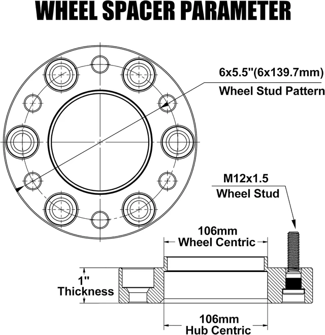 Alt view image 2 of 7 - 6x5.5 Hubcentric Wheel Spacers 1 Inch 6x139.7mm with 12x1.5 Studs & 106mm Center Bore, Forged for Tacoma, 4Runner, Tundra, FJ, Sequoia, GX460 & GX470 (1995-2023)