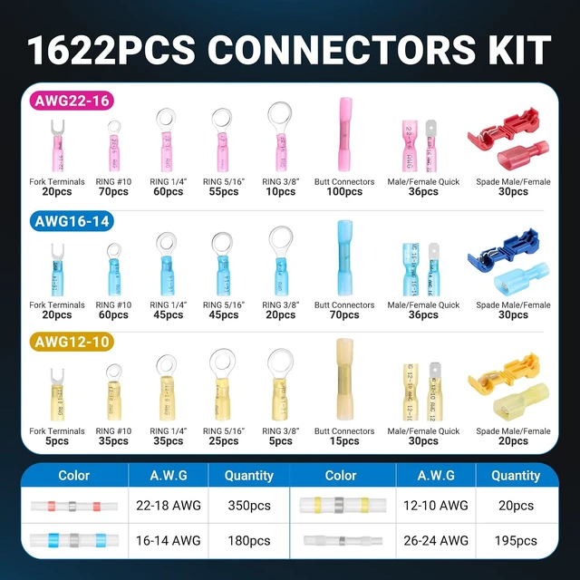 Alt view image 2 of 7 - 1622PCS Heat Shrink Wire Connectors Kit, T-Tap Electrical Terminals & Solder Seal Connectors, Insulated Marine Grade Waterproof Ring Fork Spade Butt Splice Set for Boat Automotive DIY