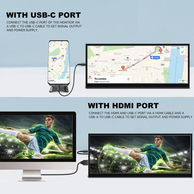 Alt view image 2 of 7 - 12.3 Inch Secondary Monitor, IPS Stretched Bar LCD Travel Display 1920 * 720 HDMI USBC, Mini Portable Monitor Metal Material for Laptop Computer Windows Aida64 GPU CPU RAM Monitoring,Built-in Speaker