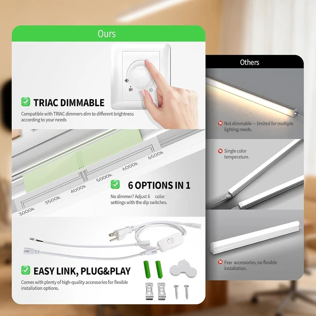 Alt view image 4 of 7 - Dimmable LED Shop Lights 4FT,30W 4500LM,6CCT Tunable,Plug-in Garage Lights