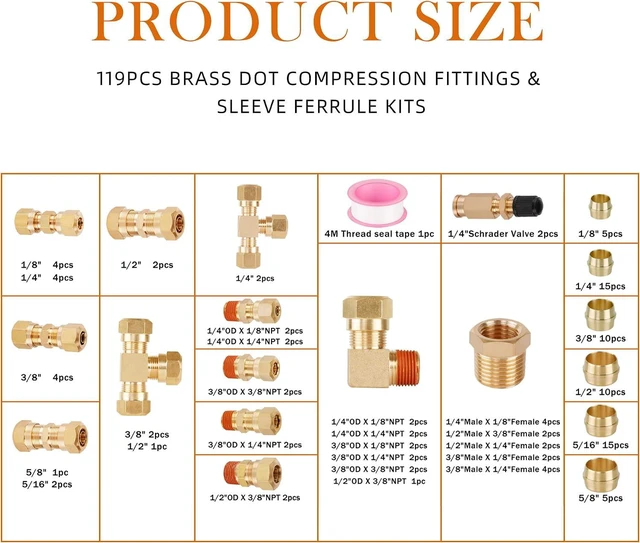 Alt view image 5 of 6 - 119PCS DOT Brass Compression Quick Connect Air Line Fittings Kit