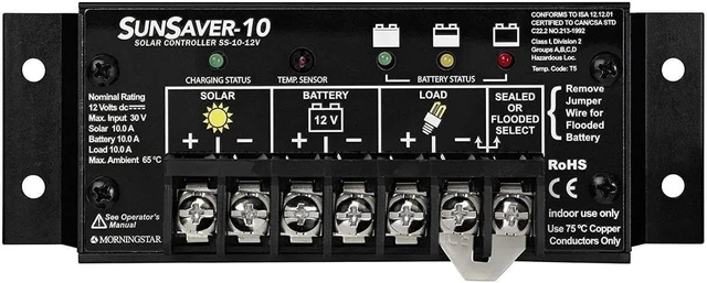 Main image of Morningstar SunSaver 10A PWM Solar Charge Controller (SS-10-12V) - Solar Panel Regulator for 12V Batteries, Four Stage Battery Charging, HazLoc Rated, Low Noise, 5 Year WTY - Designed in The USA