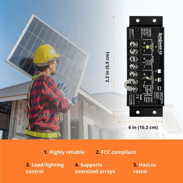 Alt view image 3 of 6 - Morningstar SunSaver 10A PWM Solar Charge Controller (SS-10-12V) - Solar Panel Regulator for 12V Batteries, Four Stage Battery Charging, HazLoc Rated, Low Noise, 5 Year WTY - Designed in The USA