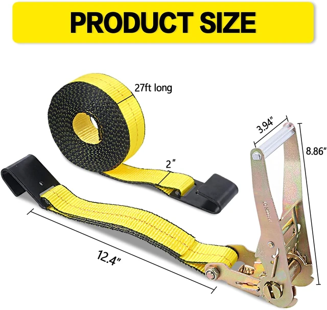 Alt view image 5 of 7 - Flat Hook Ratchet Straps-Tie Down Straps Heavy Duty-2 Inch x 27 Feet-Weather Resistant Strap -3,333 Pound Working Load Limit-for Flatbed, Truck, Trailers Pickup(4 Pack) Yellow
