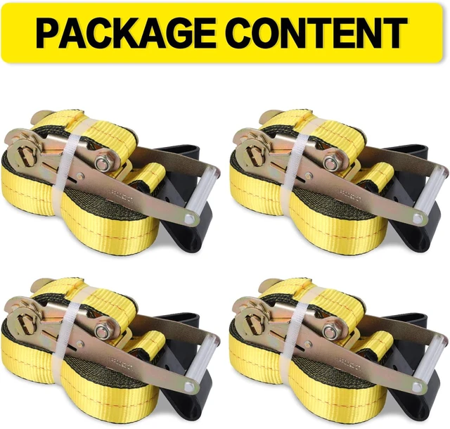 Alt view image 7 of 7 - Flat Hook Ratchet Straps-Tie Down Straps Heavy Duty-2 Inch x 27 Feet-Weather Resistant Strap -3,333 Pound Working Load Limit-for Flatbed, Truck, Trailers Pickup(4 Pack) Yellow