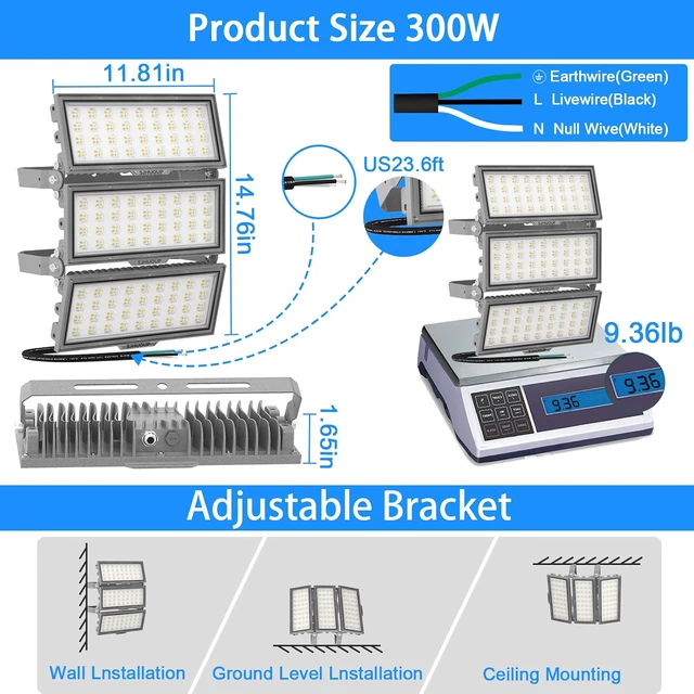 Alt view image 3 of 6 - LED Flood Light Outdoor, Led Stadium Lights Super Bright Security Lights 300W, 39000Lumen, Surge 6KV, IP67 Waterproof, 6500K Daylight White