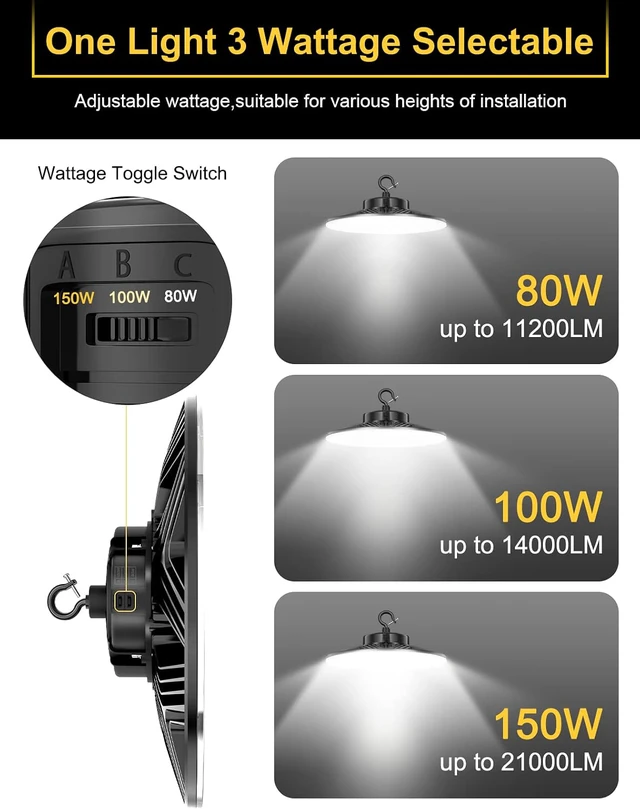 Alt view image 2 of 7 - UFO LED High Bay Light, 150W/100W/80W Adjustable, 3000K/4000K/5000K Adjustable, UL Listed 21000LM 0-10V Dimmable IP65 Waterproof High Bay Lights AC100-277V for Warehouse Factory