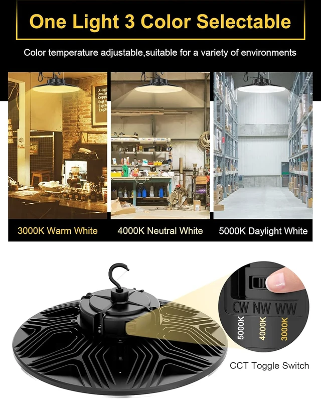 Alt view image 3 of 7 - UFO LED High Bay Light, 150W/100W/80W Adjustable, 3000K/4000K/5000K Adjustable, UL Listed 21000LM 0-10V Dimmable IP65 Waterproof High Bay Lights AC100-277V for Warehouse Factory