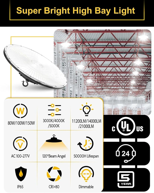 Alt view image 4 of 7 - UFO LED High Bay Light, 150W/100W/80W Adjustable, 3000K/4000K/5000K Adjustable, UL Listed 21000LM 0-10V Dimmable IP65 Waterproof High Bay Lights AC100-277V for Warehouse Factory