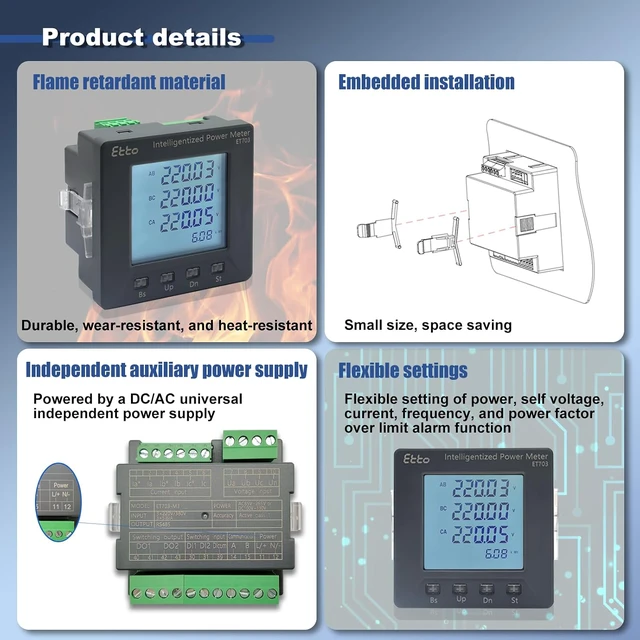 Alt view image 3 of 7 - 3 Phase Full Power Current Voltage Power Meter Intelligent Multi-Function Programmable Electric Power Meter Electricity Usage Monitor Digital Ammeter with RS485 & LCD Display (RS485+2DI+2DO)