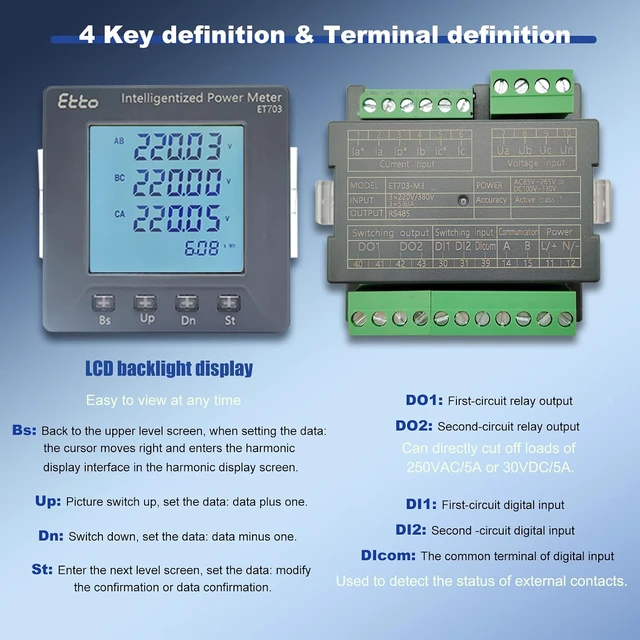 Alt view image 4 of 7 - 3 Phase Full Power Current Voltage Power Meter Intelligent Multi-Function Programmable Electric Power Meter Electricity Usage Monitor Digital Ammeter with RS485 & LCD Display (RS485+2DI+2DO)