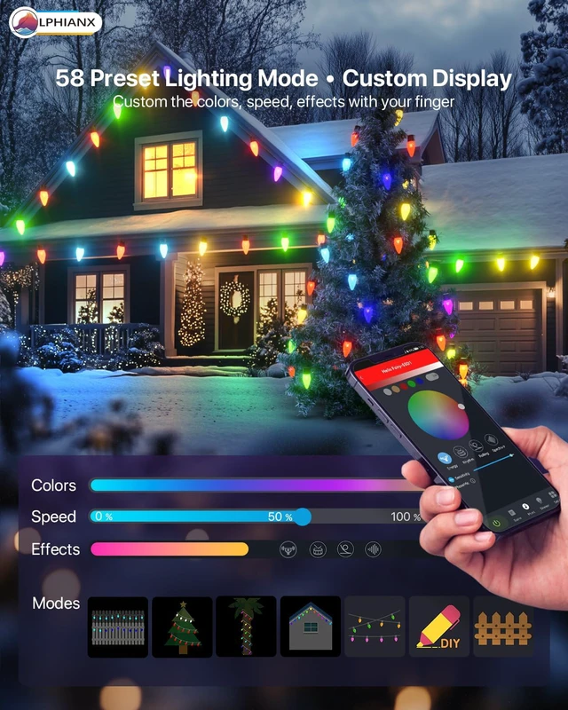 Alt view image 3 of 7 - Smart C9 Christmas Lights Outdoor, 100FT 150 LEDs, APP Remote Controlled RGB String Lights with 80+ Modes Color Changing DIY Chasing Xmas Waterproof String Light for Patio Xmas Decor