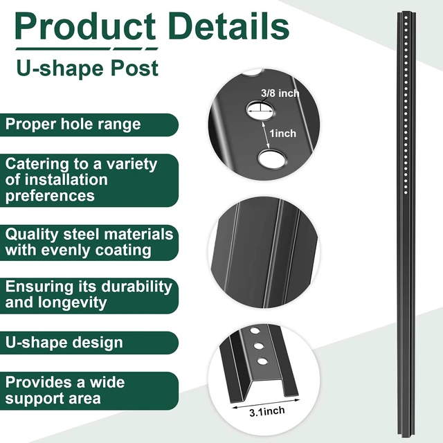 Alt view image 3 of 7 - 6 Pack 4ft Black U Channel Sign Post Heavy Duty Steel with Enamel Coating, Pre-drilled Holes for Easy Mounting, for Parking Lots, Farms & Industrial Warning Signs, Fence Post