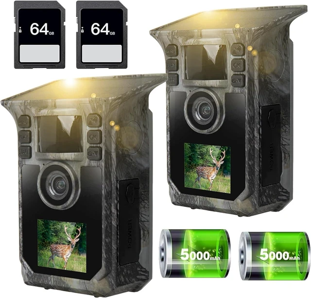 Main image of Trail Camera 2 Pack 4K 64MP Solar Game Camera with 5000mAh Forever Power, 64GB Memory Card and Ip67 Waterproof Angle Night Vision for Wildlife Deer Outdoor Trail Cam, Monitoring Trail Cameras