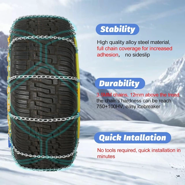 Alt view image 4 of 6 - Auto Fixing Snow Chains, 2 x 12 mm, 30s Quick Installation of Tire Chains with Automatic Tensioner, Universal Emergency Tire Traction Chain for Cars, Pickups, and SUVs (HLN 150)