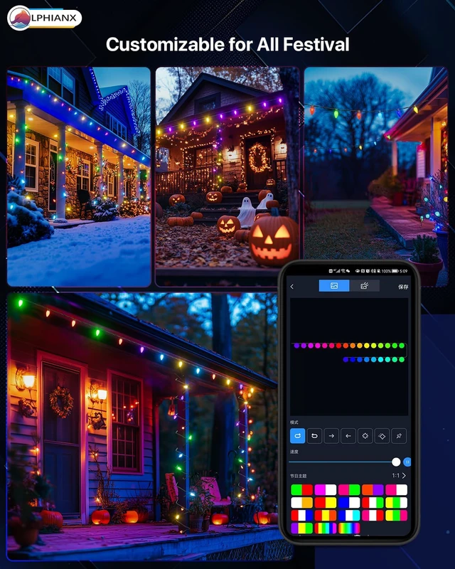 Alt view image 7 of 7 - Smart C9 Christmas Lights Outdoor, 100FT 150 LEDs, APP Remote Controlled RGB String Lights with 80+ Modes Color Changing DIY Chasing Xmas Waterproof String Light for Patio Xmas Decor